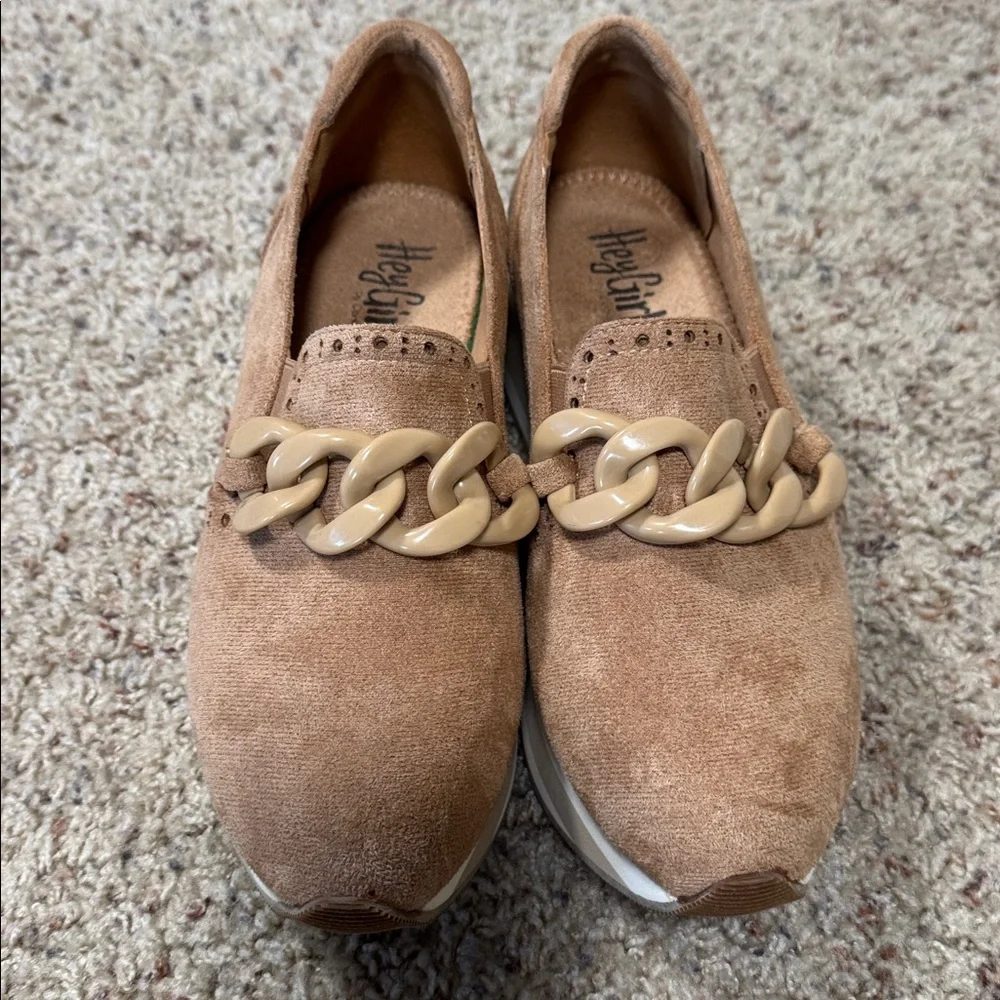 Corkys Tan Suede Platform Loafers with Chain Accent